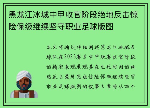 黑龙江冰城中甲收官阶段绝地反击惊险保级继续坚守职业足球版图